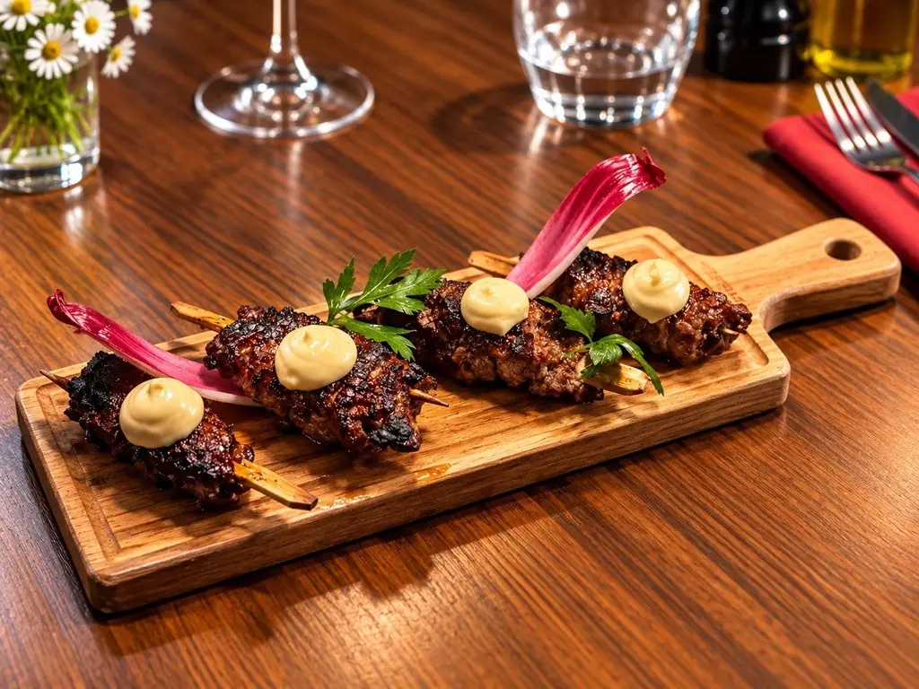 Brochettes grillées présentées sur une planche