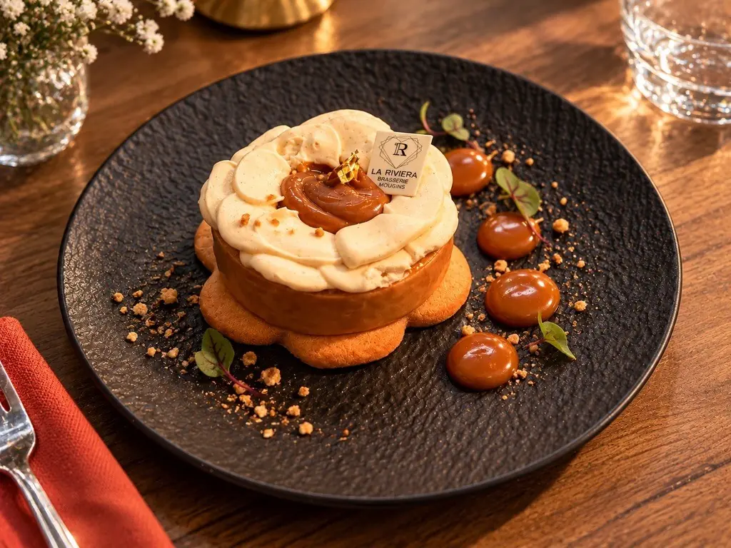 Création pâtissière de La Riviera, crème et caramel sur une assiette noire