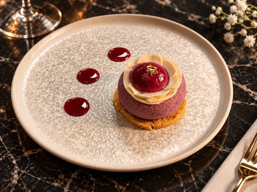 Création pâtissière aux fruits rouges, dressée sur une assiette claire