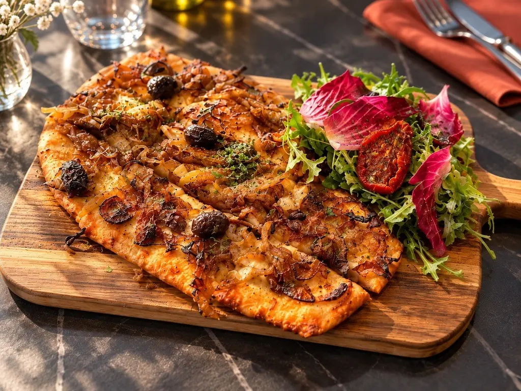 Pissaladière aux oignons et olives, accompagnée de salade