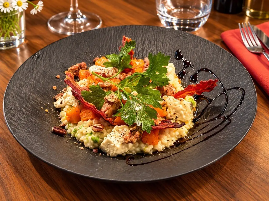 Risotto, courge, noix et garniture croustillante