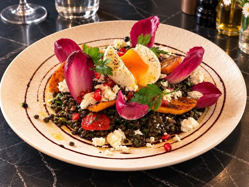 Salade de lentilles, œuf mollet, légumes rôtis et grenade